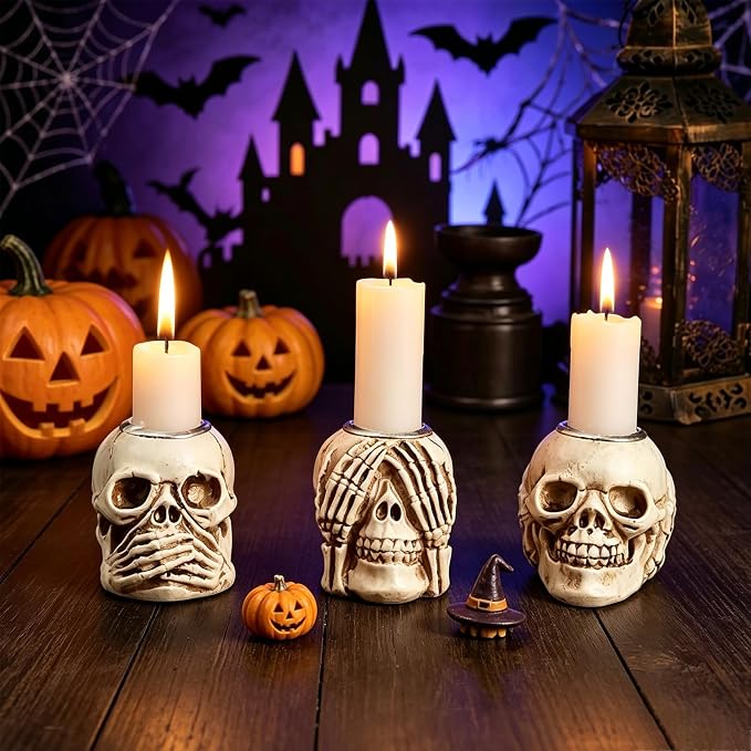 Halloween Candle Holder Set of 3 Gothic Mini Skull Statue Party Table Decor - skull candle