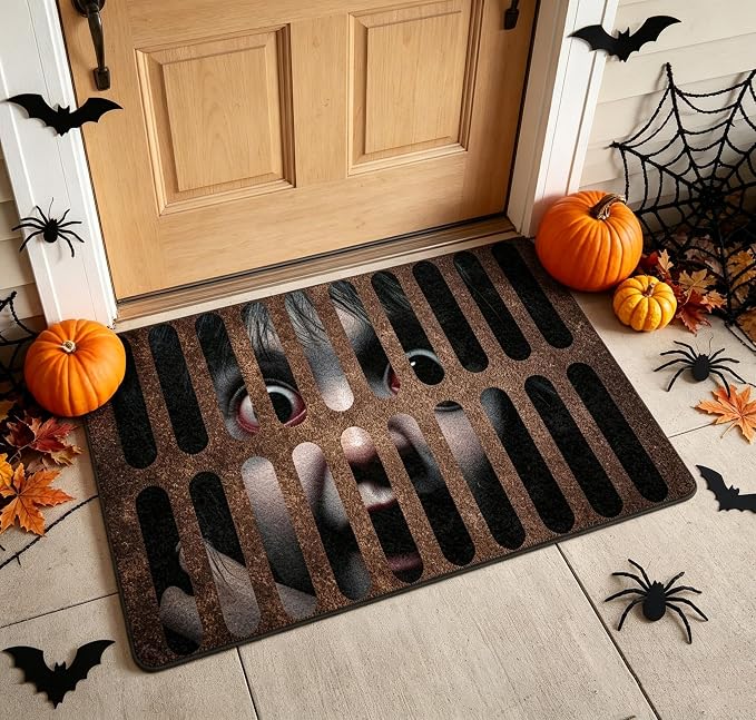 Halloween 3D Illusion Girls Drain Doormat，Scary Visual Trap Funny Welcome Mat, Non Slip Waterproof Front Door Rug, Indoor Outdoor Entrance Front Porch Patio Yard Horror Floor Mat(19.7 inx31.5 in) - skull carpet