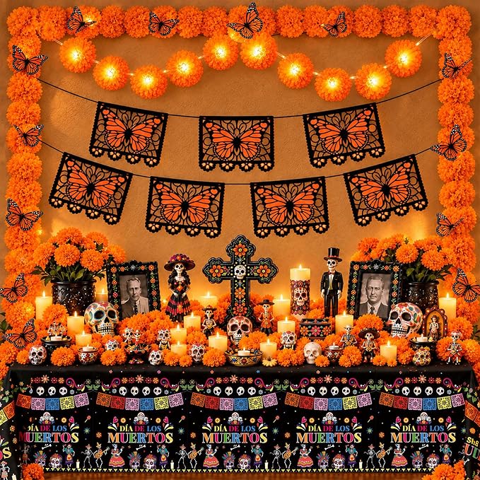 67 Pcs Dia De Los Muertos Decor for Alter, with 1 Lighted Marigold Garland - skull carpet