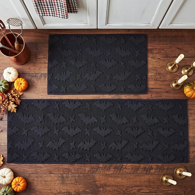 Halloween Kitchen Rugs Set of 2 Black Bat Floor Mat - 17x27 and 17x47 Inch - skull floor mat