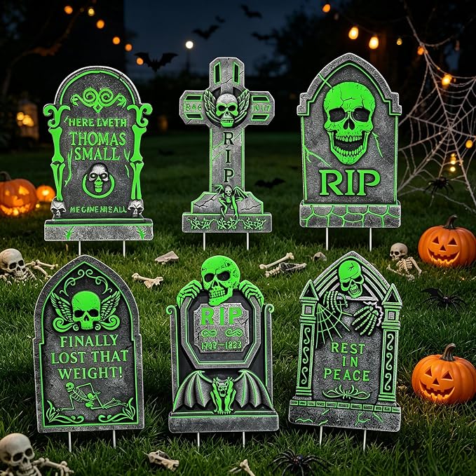 6pcs Outdoor Glow in the Dark Scary Tombstone Halloween Yard Signs Stakes - string light