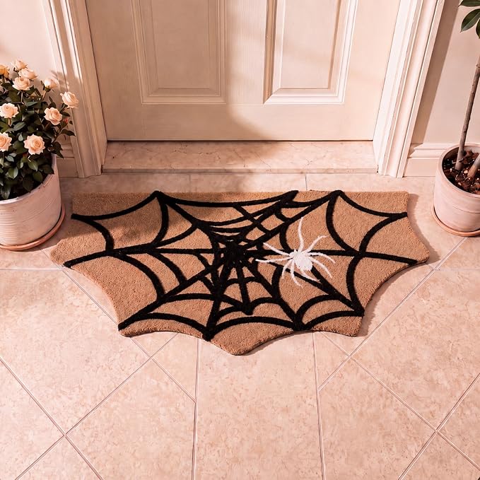 Halloween Spider Web Doormat Bat Shaped Faux Coir Welcome Mat - skull floor mat
