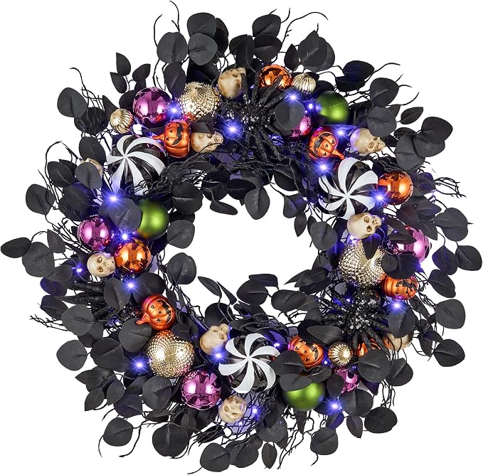 JORNOY 30-Inch Halloween Wreath with Battery Timer - Spider, Balls, Skull - skull wreath