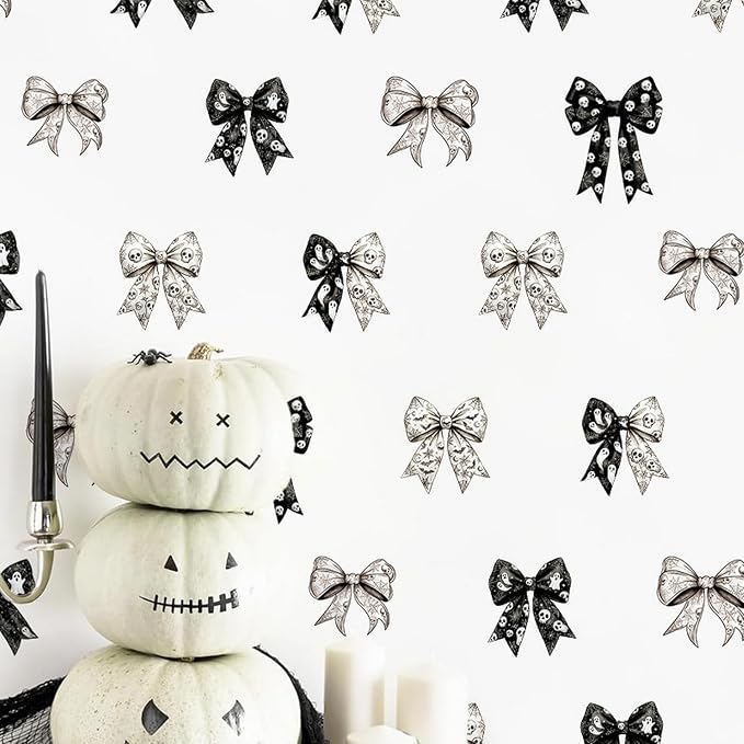 9pcs Gothic Halloween Bow Window Stickers, Black White Skull Ghost Pattern Bow Window Clings Spooky Static Wall Decals Halloween Removable Glass Windows Decor for Indoor Home - skull sticker