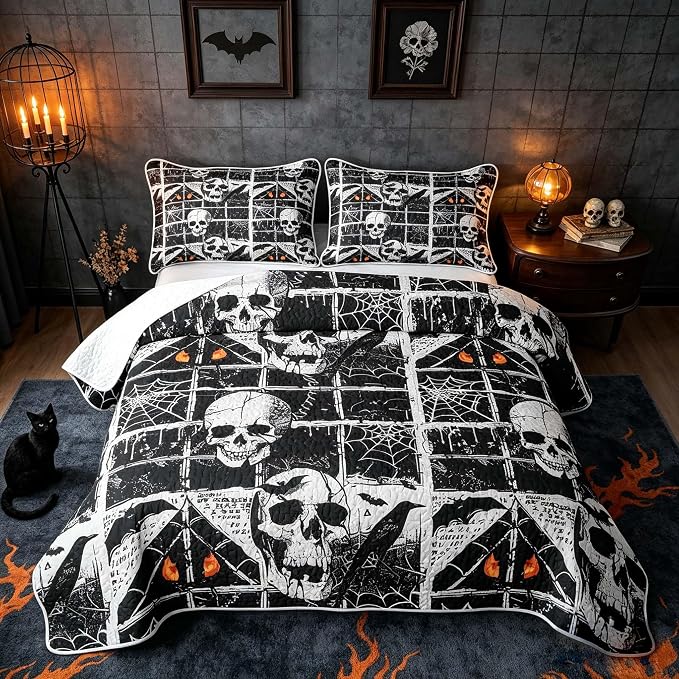 Feelyou Halloween Quilt Bedspread for Kids Boys Girls Gothic Skull & Crossbone Motif Bedding Full Size Black & White Lightweight Bed Cover Quilted Coverlet Set - skull bedding
