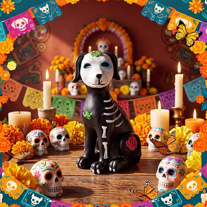 Wenqik Día De Los Muertos Skeleton Dog Halloween Figurine Sugar Skulls - skull figurine