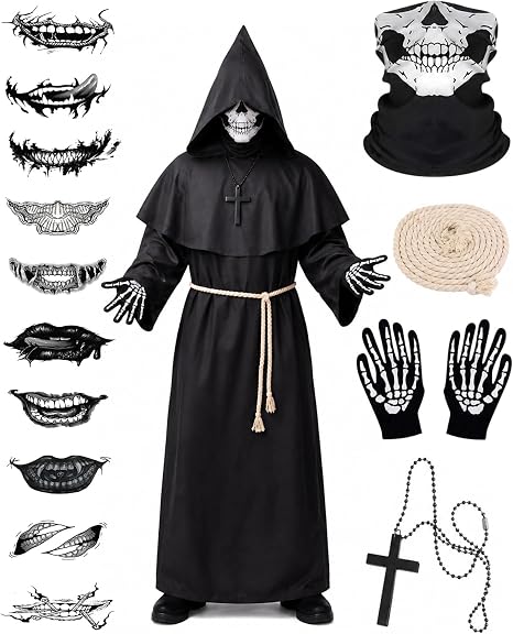Monk Robe Costume for Men, 6pcs Grim Reaper Hooded Priest Outfit - skull jacket