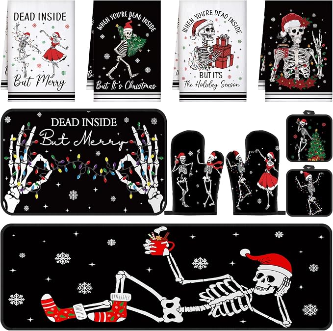 Fanfanwin 10 Pcs Christmas Skeleton Kitchen Decor and Accessories Set Kitchen Towels Pot Holders Oven Mitts Rugs and Tape for Baking Cooking BBQ Festive Housewarming Gifts - skeleton