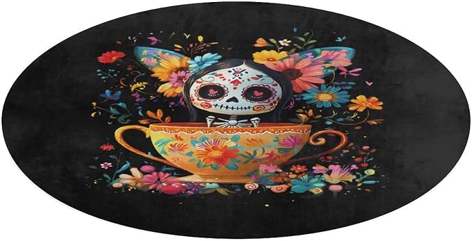 Sugar Skull in Cup Round Rug Washable Non Slip Carpet - skull carpet