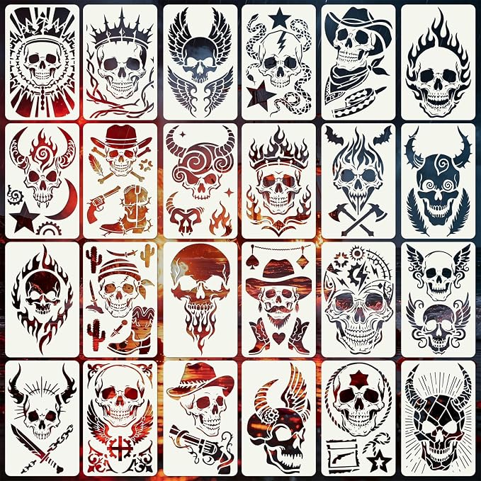 Skull Pirate Stencils for Crafts Reusable 24Pcs Stencils(11X7 Inch) - skull painting