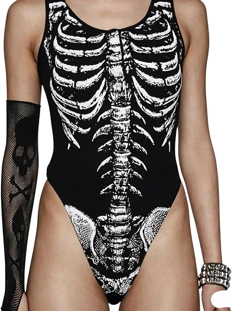 SNOMYRS Women Skeleton Cosplay Halloween Costume One Piece Bones Bodysuit - skull swimsuit