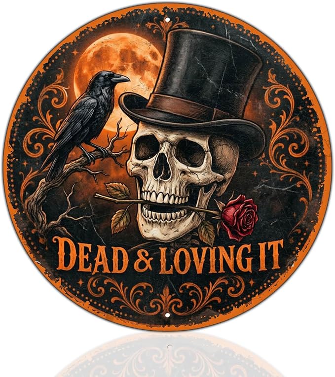 Dead and Loving It Wreath Sign Halloween Round Decor Gothic Skull Raven Rose Round Tin Sign Vintage Dark Halloween Wall Decor 8 Inch - skull wreath