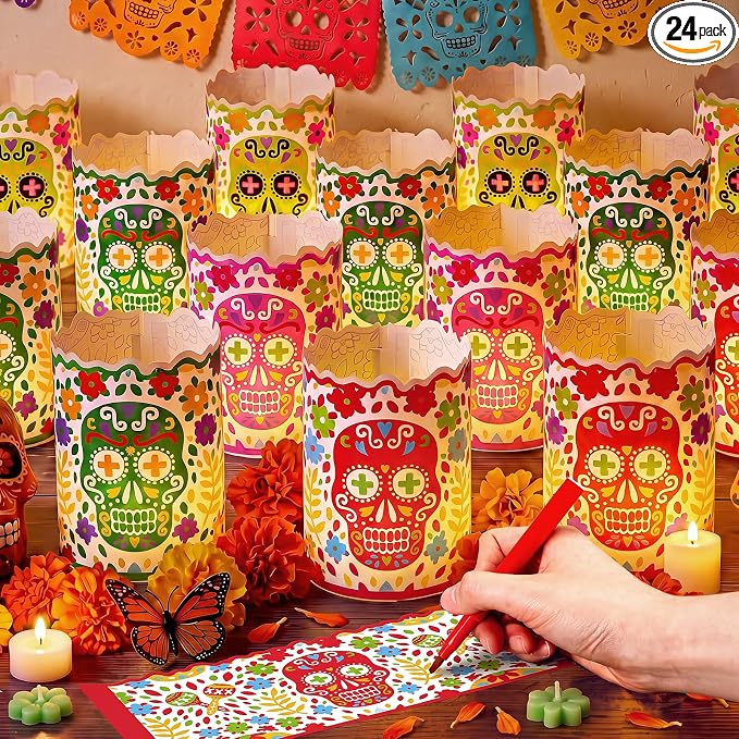 Gerrii 24 Pcs DIY Dia De Los Muertos Decor Candle Holder Craft Kit - skull candle