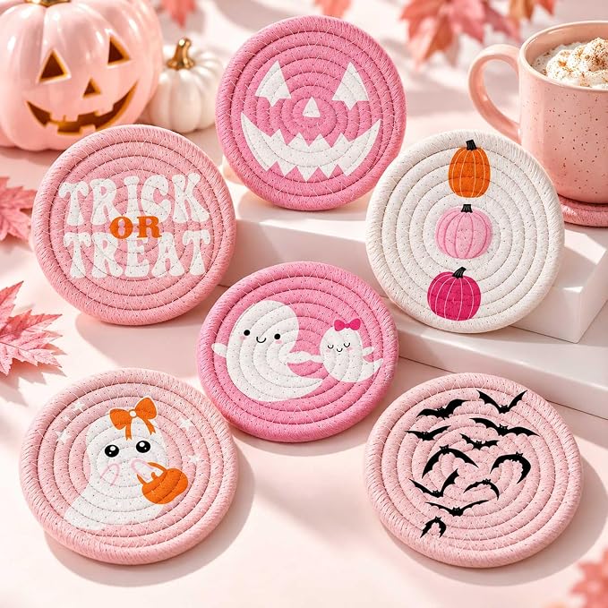 Whaline 6Pcs Halloween Handmade Braid Cotton Coasters, Cute Pink Ghost - skull coaster