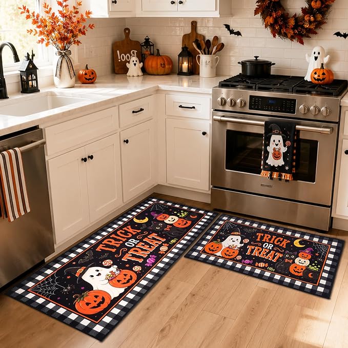 Halloween Kitchen Rugs Set of 2, 17"x30" + 17"x47" Non Slip Kitchen Mats with Rubber Backing, Soft Crystal Velvet Pumpkin Floor Mats for Kitchen Sink, Entryway, Laundry Room - skull rug