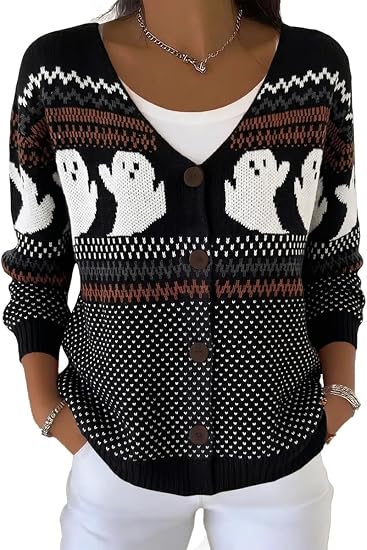 Women Fall Winter Funny Graphic Knit Button Front Cardigan Sweater - skull jacket