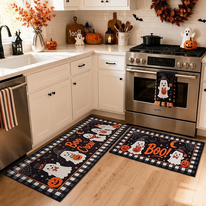 Halloween Kitchen Rugs Set of 2, 17"x30" + 17"x47" Non Slip Kitchen Mats with Rubber Backing, Soft Spooky Floor Mats for Kitchen Sink, Entryway, Laundry Room - skull carpet