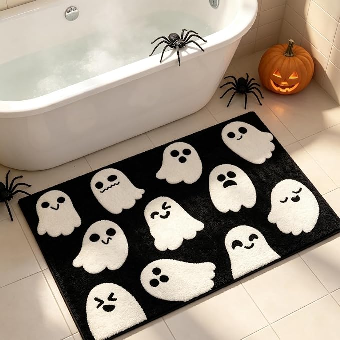 Halloween Rug Black Spooky Ghost Bath Mat - Halloween Bath Mat Soft Plush Non-Slip Washable Ghosts Bath Rug for Halloween Bathroom Decor, Machine Washable 20x32Inch - skull toilet mat