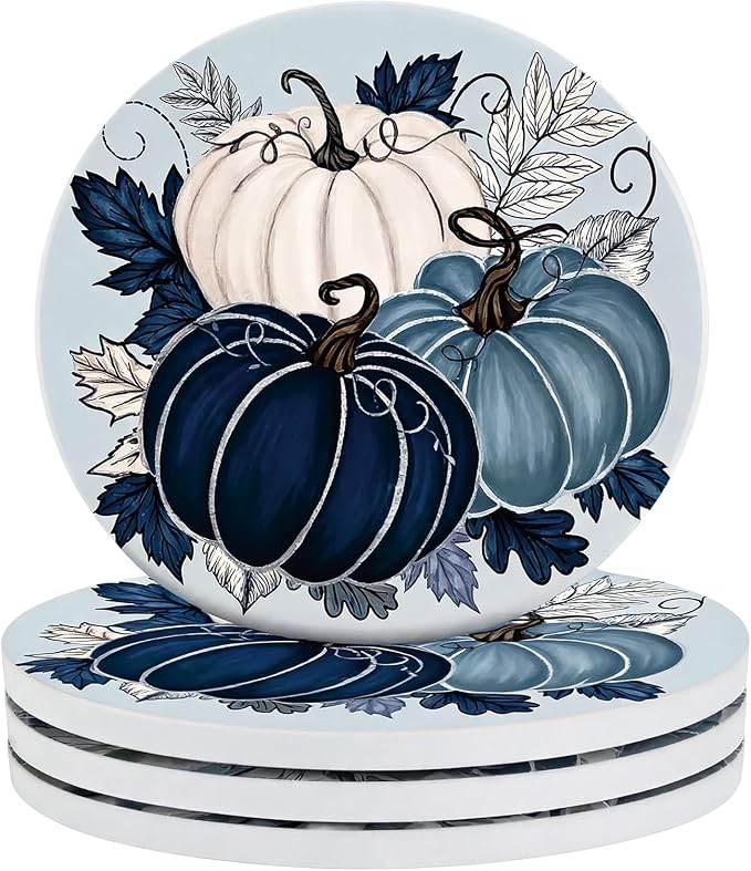Fall Ceramic Drink Coasters Set 4 Blue Pumpkin Leaves Decor - skull coaster