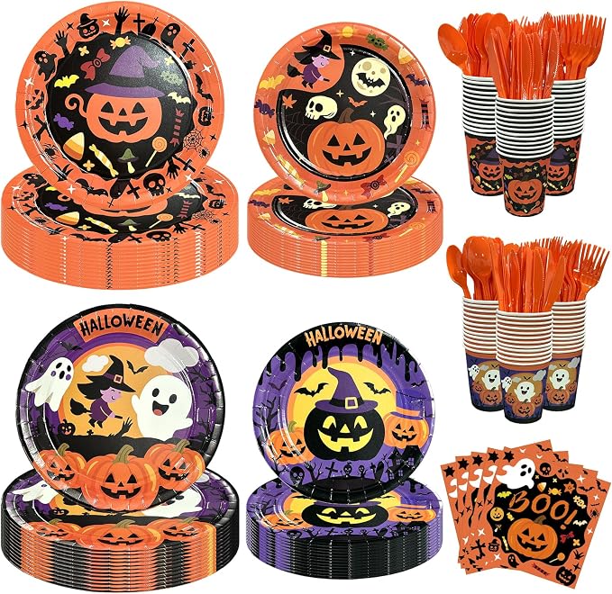 UJoyant 350 PCS Halloween Plates and Napkins Sets, Halloween Party Supplies Includes Disposable Plates Dessert Plates Napkins Cups Plastic Knives Forks Spoons Disposable Dinnerware Set (50 Guest) - skull plate