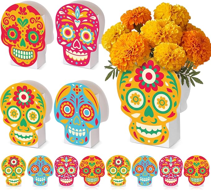 8 Pcs Dia De Los Muertos Sugar Skull Decor Paper Vases for Marigold - skull candle