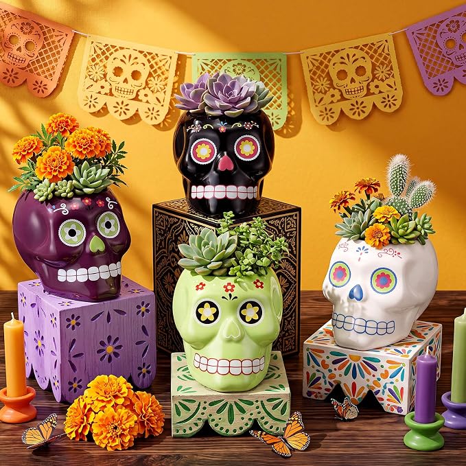 4 Pcs Dia De Los Muertos Ceramic Sugar Skull Planters - skull plate