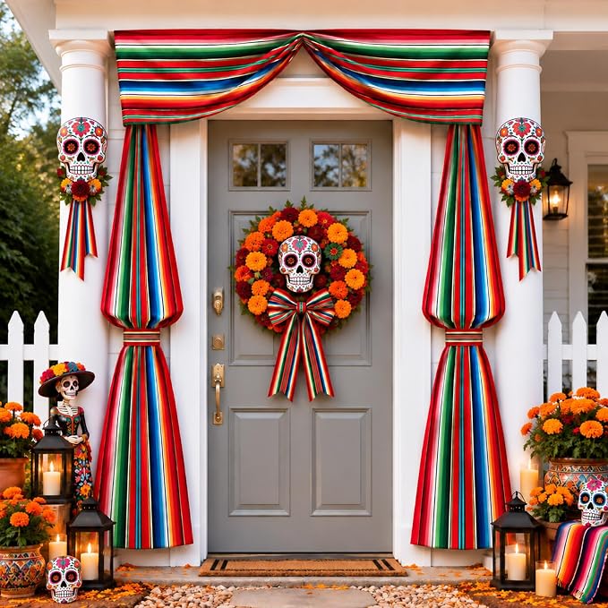 25FT Day of The Dead Porch Bunting Decoration, Rainbow Stripes