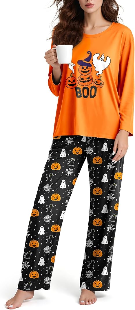 2 Piece Womens Pajama Sets Long Sleeve Sleepwear with Pants Soft Crewneck Loungewear Ladies Pj Set - skull pajamas
