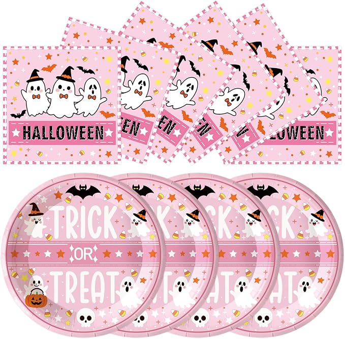 40PCS Halloween Paper Plates&Napkins Disposable Pink Halloween Plates Set - skull plate
