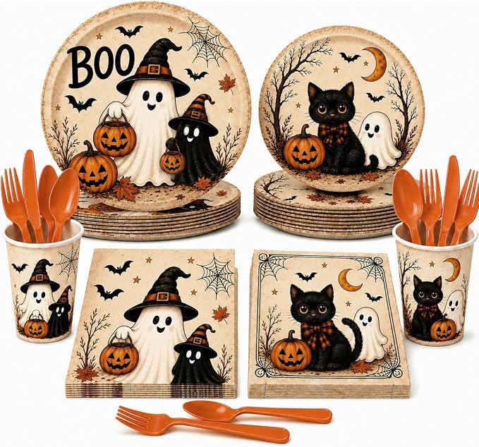 168 PCS Halloween Party Supplies, Vintage Ghost Black Cat Halloween Plates and Napkins Set, Plates, Cups, Napkins, and Cutlery for Halloween Birthday Baby Shower Party Decorations, Serves 24 - skull plate