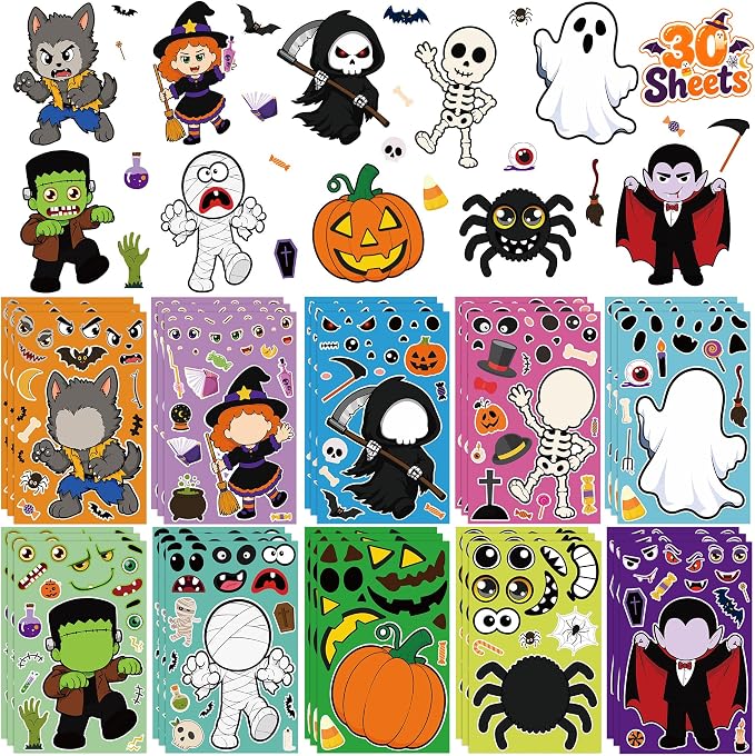 30 Sheets Halloween Stickers, DIY Crafts Halloween Party Favors Decorations - skull sticker