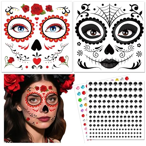 DPKOW Halloween Sugar Skull Face Tattoos + Face Gems, Halloween Face Makeup - sugar skull costume