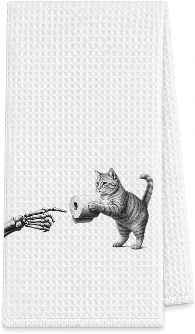 Funny Gray Cat Kitchen Towel, Skeleton Toilet Paper Bathroom Decor - skull toilet paper