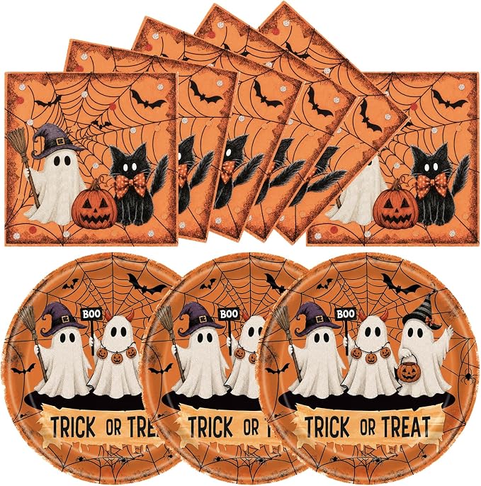 50Pcs Halloween Plates and Napkins, Ghost Party Dessert Plates, Serves 25 - skull plate