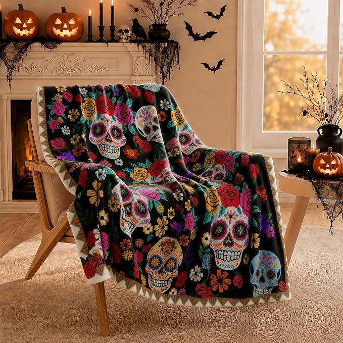 XCHI Day of The Dead Skull Fleece Throw Blanket Gift Decoration 50x60In