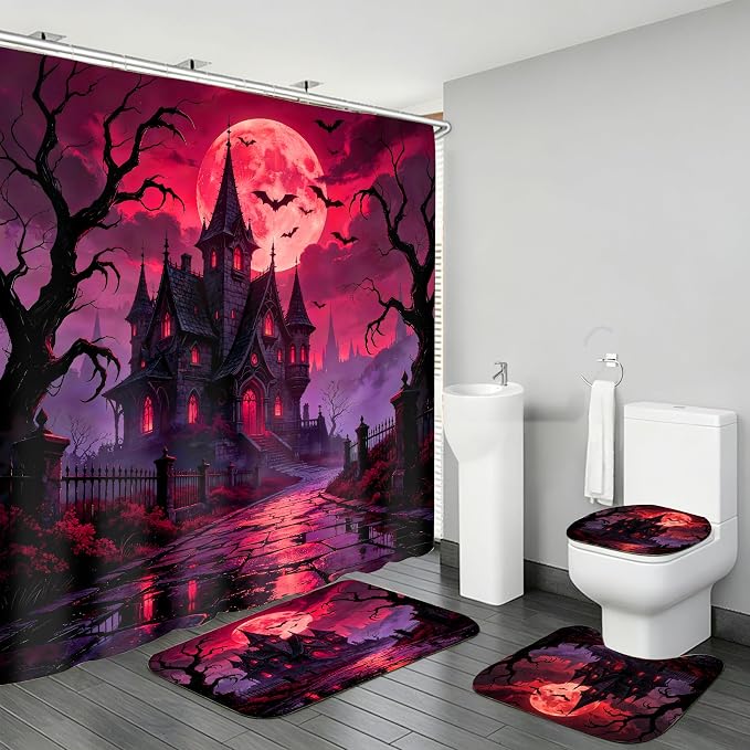 4pcs Halloween Night Castle Shower Curtain Set with Rugs 71 * 71 in - skull toilet mat