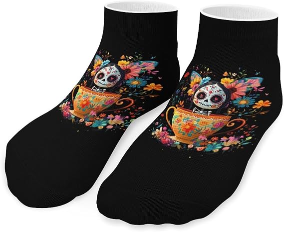 Sugar Skull in Cup Ankle Socks Low Cut for Women Men - sugar skull costume