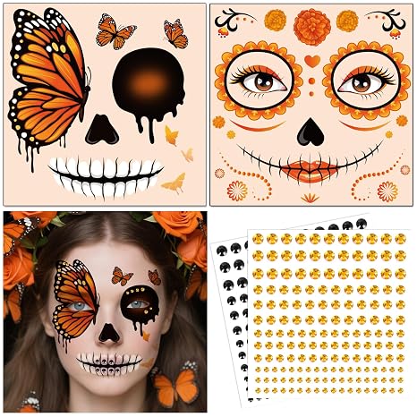 DPKOW Halloween Skull Face Tattoos with Face Gems for Halloween Face Makeup - sugar skull makeup