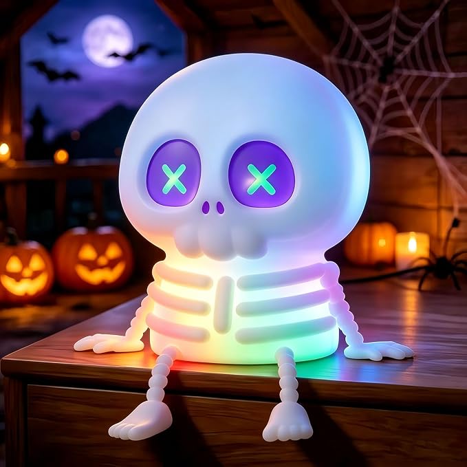 Skull Night Light for Kids, Silicone Skull Skeleton Lamp RGB Rechargeable - skull lamp