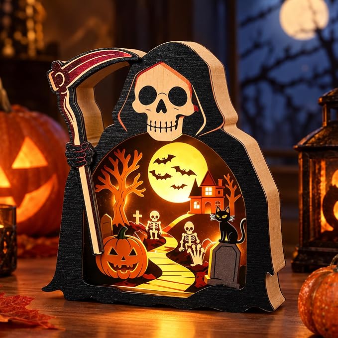7 Inch Light Up Halloween Ornament, Wooden Grim Reaper Indoor Decor - skull wreath