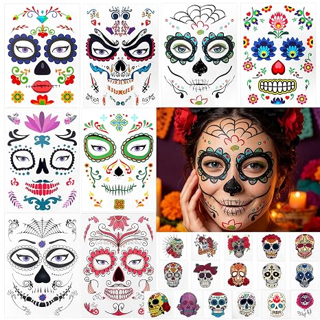 Yosca 24Pcs Day of the Dead Face Sugar Skull Tattoos, Halloween Face Tattoo - sugar skull makeup