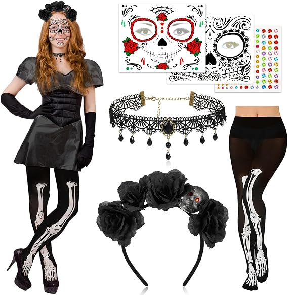 DPKOW Day of the Dead Costume Accessories Dia de los Muertos Headpiece SetA - sugar skull costume