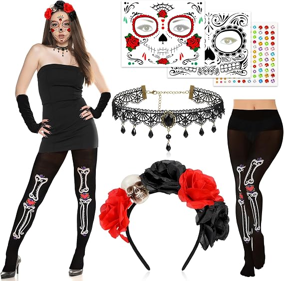 DPKOW Day of the Dead Costume Accessories Dia de los Muertos Headpiece SetB - sugar skull makeup