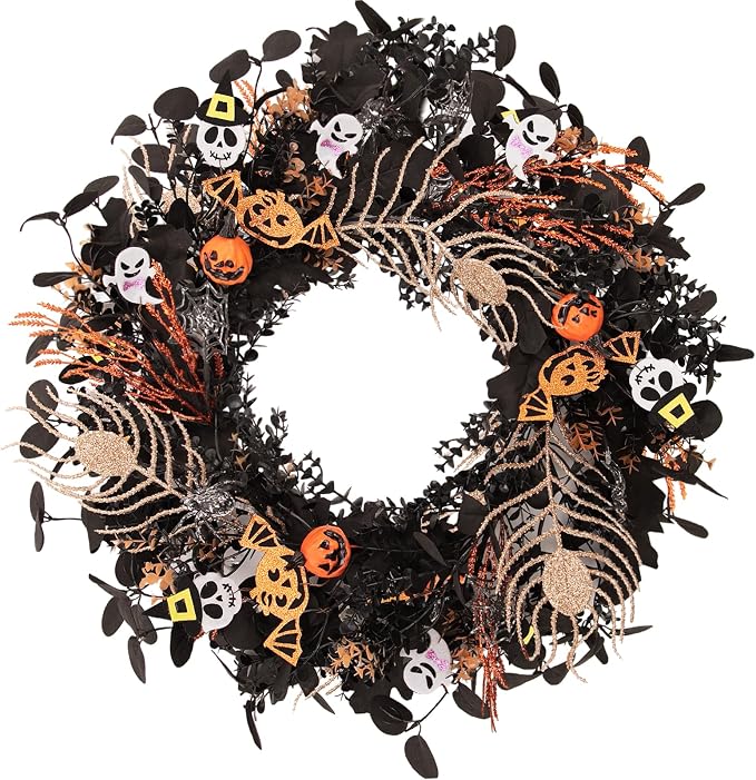 22 Inch Halloween Wreaths for Front Door, Spooky Artificial Halloween Wreath for Home Fall Party Decor - skull wreath