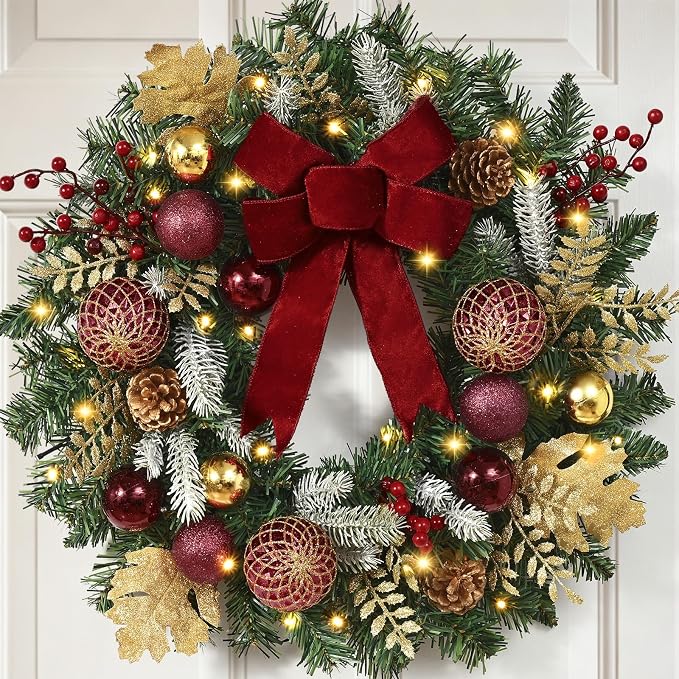 24″ Pre-Lit Christmas Wreath for Front Door, Large Christmas Door Wreath