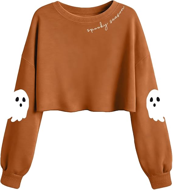 Halloween Crop Sweatshirt Women Ghost Long Sleeve Pullover Fall Shirt - skull sweatshirts