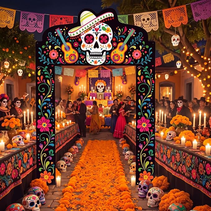 Peryiter Day of The Dead, Dia De Los Muertos Door Banner Halloween Decor - skull carpet