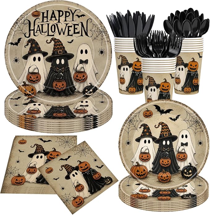 168 Pcs Halloween Plates and Napkins, Pumpkin Ghost Paper Plates Cups Napkins Set, Disposable Tableware Set for Trick or Treat Spooky Halloween Party Supplies Decorations Haunted House, Serve 24 - skull plate