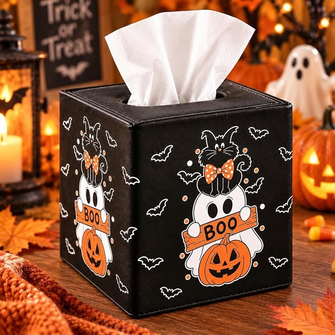 Whaline Halloween Tissue Box Cover, Ghost Pumpkin Black Cat - skull toilet paper