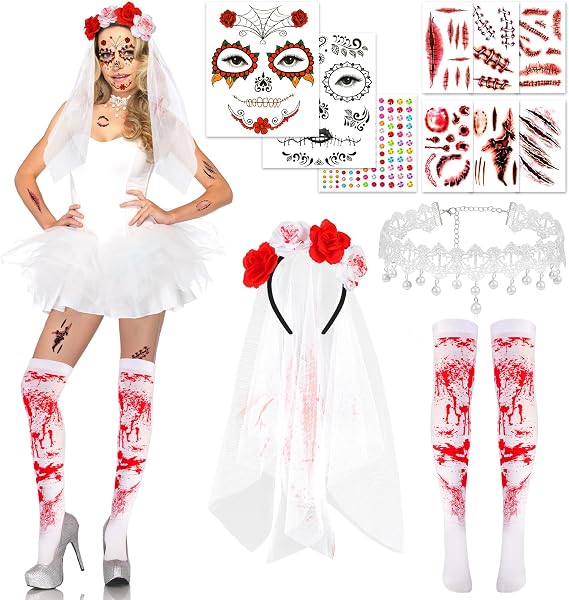 DPKOW Dia de los Muertos Costume Accessories Day of the Dead Headpiece Set - sugar skull costume